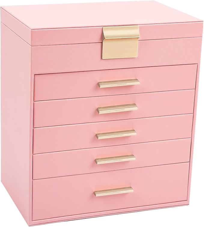 BOOVO Jewelry Box with Necklace Hanger – 6 layer Jewelry Organizer for Women with 5 Drawers, Large Jewelry Storage Boxes –Jewelry Organizers and Storage for Earrings, Necklaces (Pink, 6 layer)