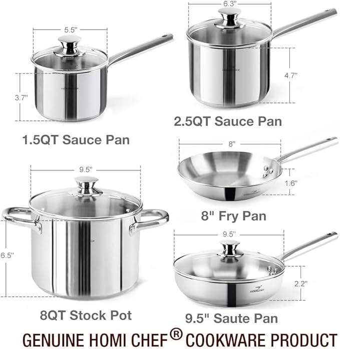 HOMICHEF 14-Piece Nickel Free Stainless Steel Cookware Set - Nickel Free Pots and Pans Set - Non-Toxic, Healthy Induction Cookware