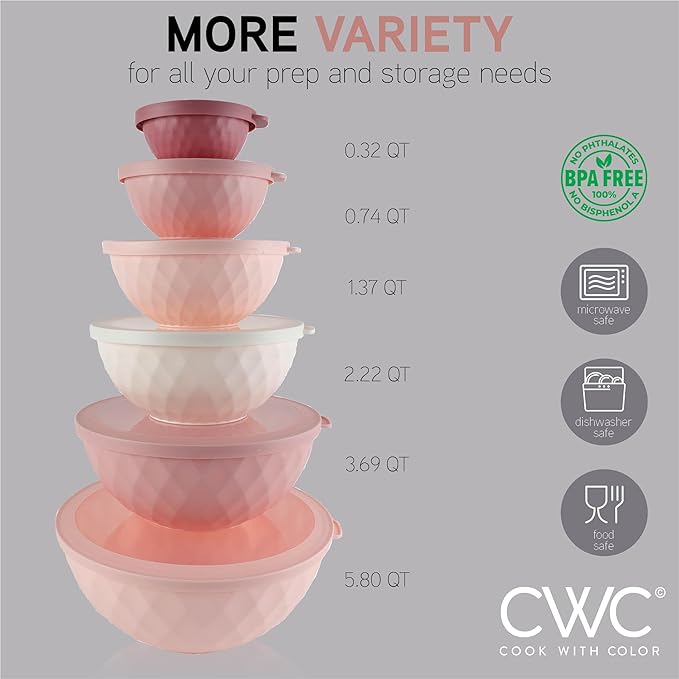COOK WITH COLOR Mixing Bowls with Lids - 12 Piece Plastic Nesting Bowls Set includes 6 Prep Bowls and 6 Lids, Diamond Design - Microwave Safe (Mint)