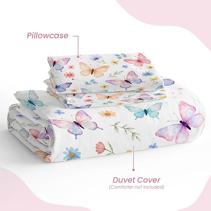 SANDJEST Butterfly Duvet Cover Sets Full Size for Kids Girls, Incude 1 Polyester Comforter Cover 80x90 Inches and 2 Pillowcases 20x26 Inches, Comforter Not Included, Gift for Christmas Birthday