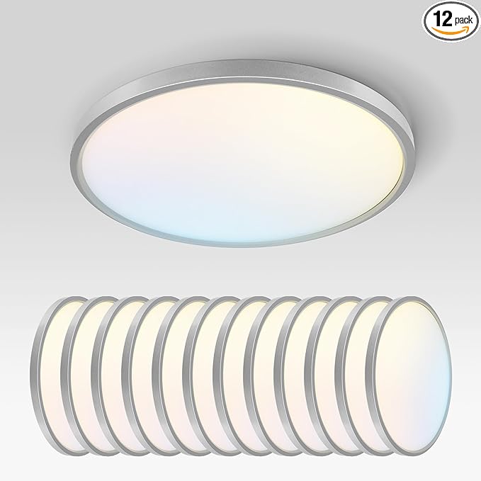 ASD LED 12" Round Flush Mount Ceiling Light Fixture, Low Profile Surface Lighting | 5CCT, Dimmable, Ultra-Thin, ETL Listed | 24W 1900LM 2700-6000K 120V | Kitchen, Hallway Lamp | Nickel, 12 Pack