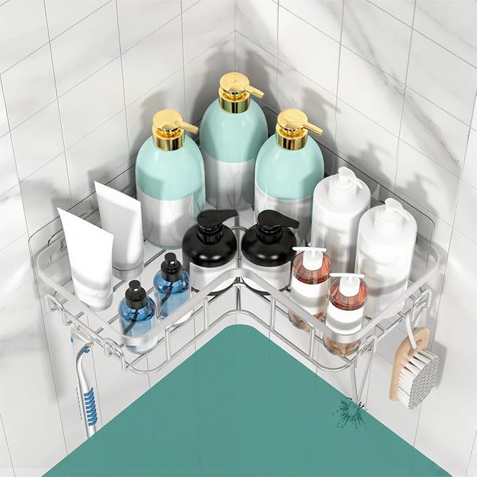 Moforoco Corner Shower Caddy Shelf Organizer Rack, Self Adhesive Black Bathroom Shelves Basket, Home Farmhouse Wall Inside Organization and Storage Decor Rv Accessories, Apartment Essentials