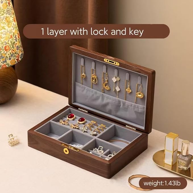 Bescott 2 Layers Solid Black Walnut Wooden Jewelry Box for Women with Lock and Key Wood Vintage Organizer for Men Earrings Rings Necklaces Bracelet Storage Mother's Day Gift