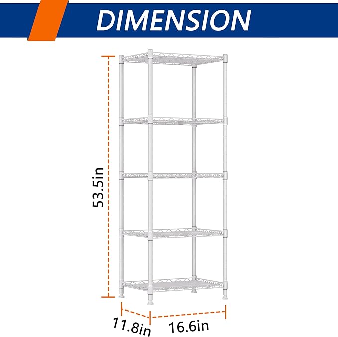 REGILLER 5-Wire Shelving Metal Storage Rack Adjustable Shelves,Standing Storage Shelf Units for Laundry Bathroom Kitchen Pantry Closet(White,11.8" D x 16.6" W x 53.5" H)
