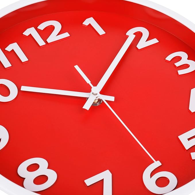 Red Wall Clock 10 Inch Silent Non-Ticking Battery Operated,Small Modern Wall Clocks Quality Quartz Analog Clock Decorative for Kitchen Home School Office, 3D Numbers Easy to Read