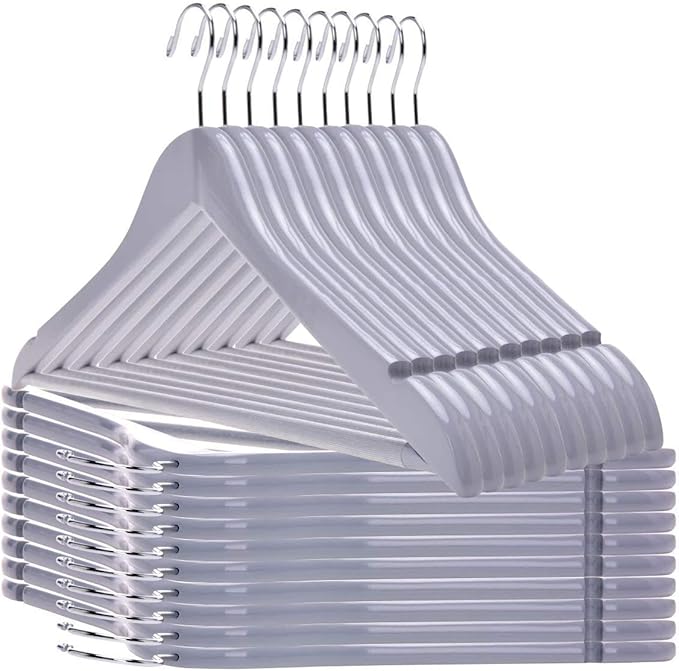 Quality Wooden Hangers - Slightly Curved, Heavy-Duty Coat Hangers with Stylish Chrome Hooks - 30-Pack Sets for Clothes, Jackets, Shirts, Pants, Suits (Gray)
