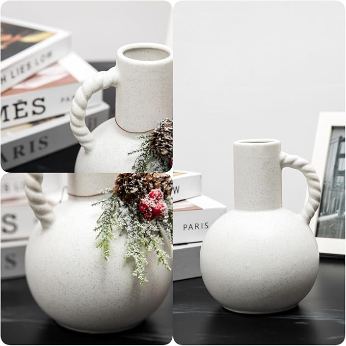 Ceramic Vase with Handles, Minimalist Modern Home Decor, Small Pampas Grass Vases for Table, Shelf Bookshelf, Mantel, Entryway Decorative Flower Vase Centerpieces for Dining Table