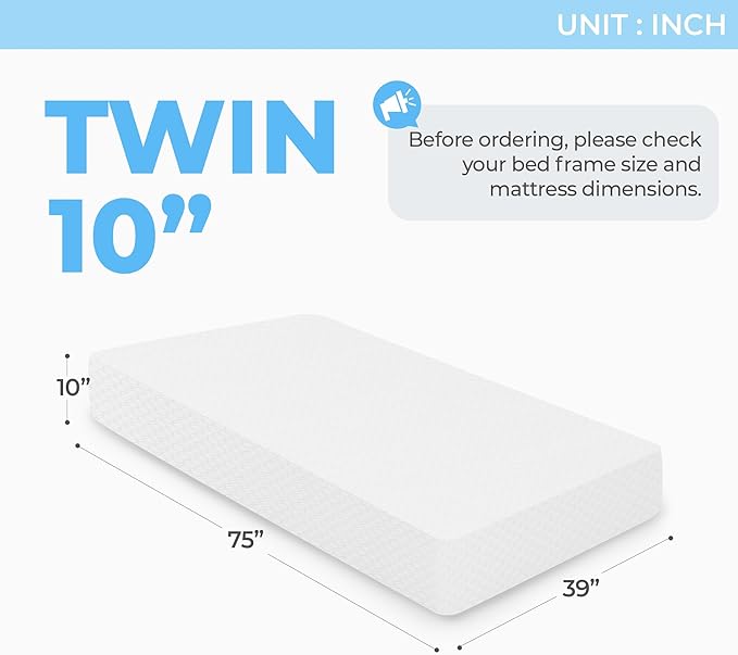 Neo Sleep 10 Inch Twin Cooling Gel Memory Foam Medium Firm Mattress Cool Sleep Pressure Relief CertiPUR-US Certified Foam, Mattress-in-a-Box Kids and Adults No Fiberglass (Twin, 10 in)