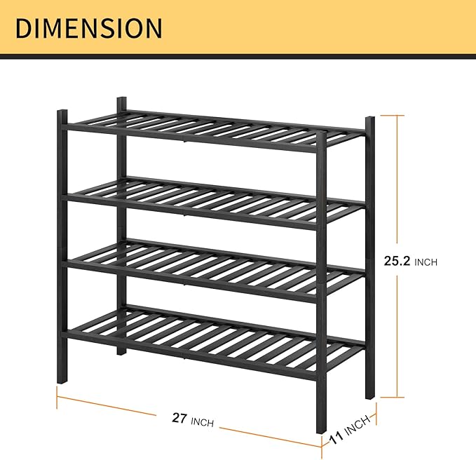 4-Tier Bamboo Shoe Rack for Entryway, Stackable | Heavy Duty | Multi-Function, Free Standing Shoe Racks for Bedroom Hallway Closet（Black）