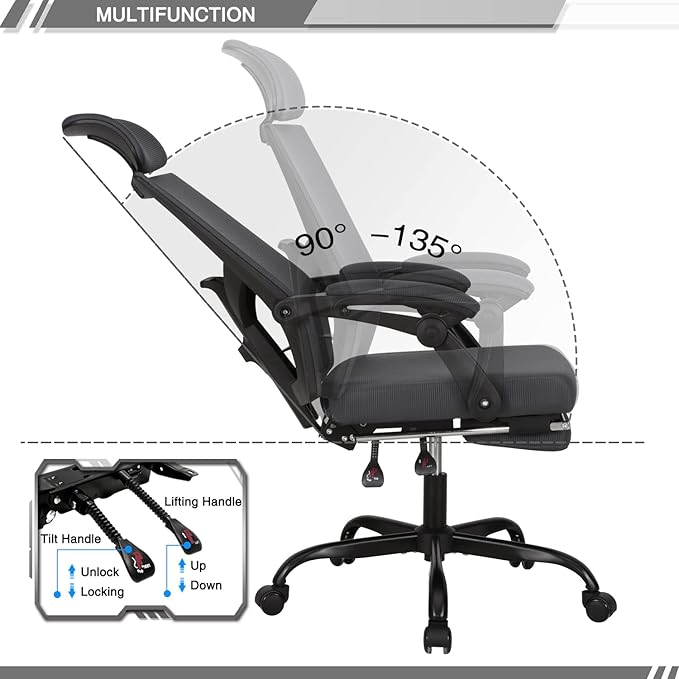 Qulomvs Mesh Ergonomic Office Chair with Footrest Home Office Desk Chair with Headrest and Backrest 90-135 Adjustable Computer Executive Desk Chair with Wheels 360 Swivel Task Chair