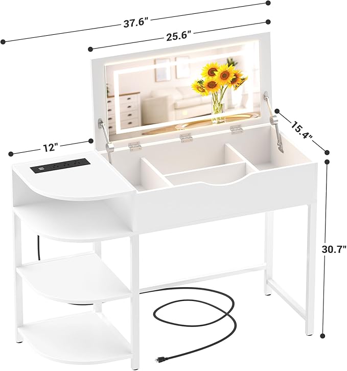 Cyclysio Vanity Desk with Flip Top Mirror and Lights, Makeup Vanity Desk with Drawers, Dressing Table with Storage Shelves & Charging Station, Small Vanity for Small Spaces, White