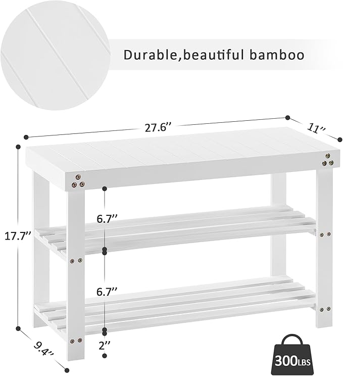 Apicizon Bamboo Shoe Rack for Entryway, 3-Tier Shoe Rack Bench for Front Indoor Entrance, Small Shoe Organizer with Storage, White