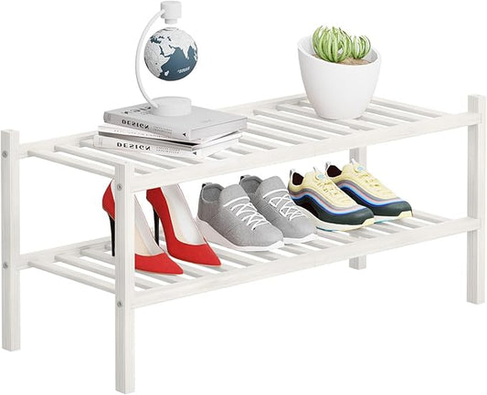 2 Tier Bamboo Shoe Rack Storage Organizer for Closet, Multifunctional Stackable Free Standing Shoe Shelf Organizer for Small Space,Entryway, Hallway, Bathroom27 x11 x13 (White, 2 Tier)