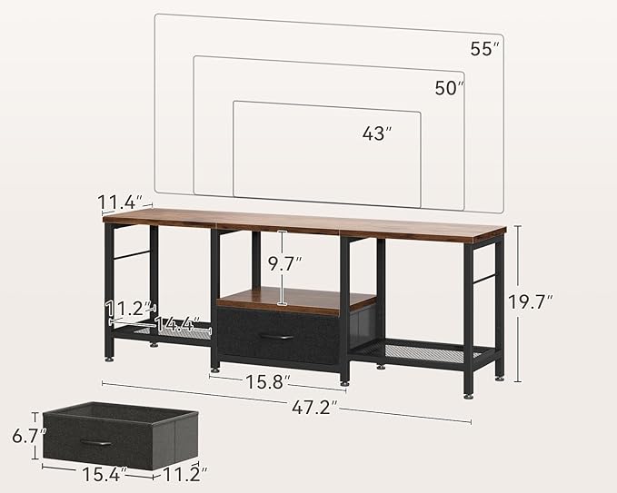 Casaottima 47" TV Stand with Open Storage Shelves up to 55 Inch TVs, Entertainment Center with Fabric Drawers, TV Console Table with Soundbar Shelf TV Stand for Living Room Bedroom, Vintage and Black