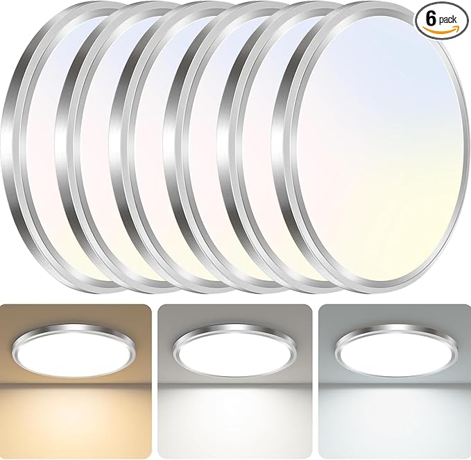 zemty 6Pack LED Ceiling Light Fixture, 6.5-Inch 12W 1200lm Small Flush Mount Light, Adjustable 3000K 4000K 6500K Color Temperatures, Round Flat Recessed Lamp for Kitchen Closet Hallway Laundry, Nickel