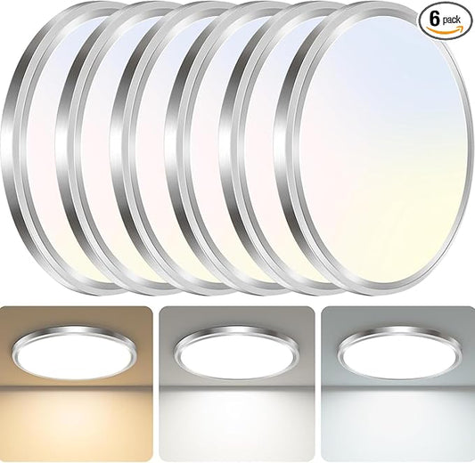 zemty 6Pack LED Ceiling Light Fixture, 6.5-Inch 12W 1200lm Small Flush Mount Light, Adjustable 3000K 4000K 6500K Color Temperatures, Round Flat Recessed Lamp for Kitchen Closet Hallway Laundry, Nickel