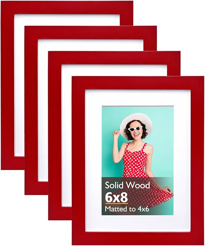 KINLINK 6x8 Picture Frame Red, Solid Wood Frames with Acrylic Plexiglass for Pictures 4x6 with Mat or 6x8 without Mat, Tabletop and Wall Display Photo Frame, Set of 4