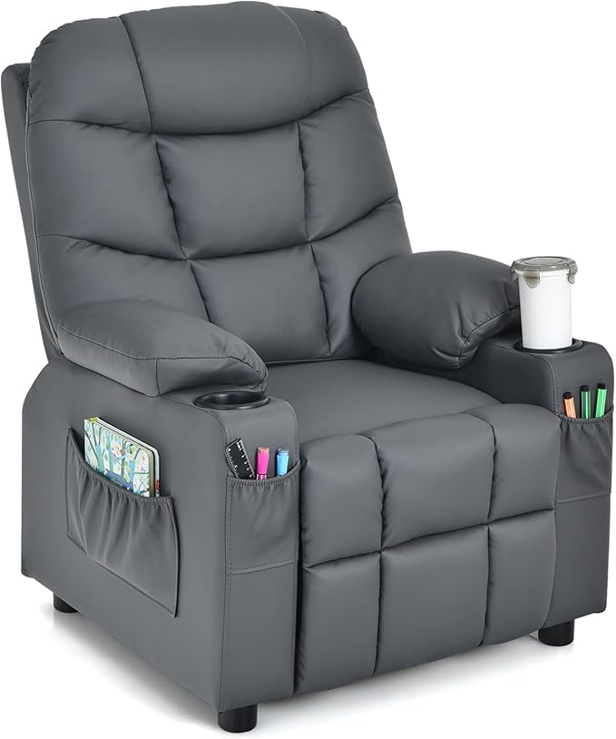 Kids Recliner, Kids Recliner Chair w/ 2 Cup Holders, PU Leather Kids Chairs Compy w/Adjustable Backrest & 3 Pockets, Toddler Furniture Sofa for Boys Girls Aged 3+ (Grey)