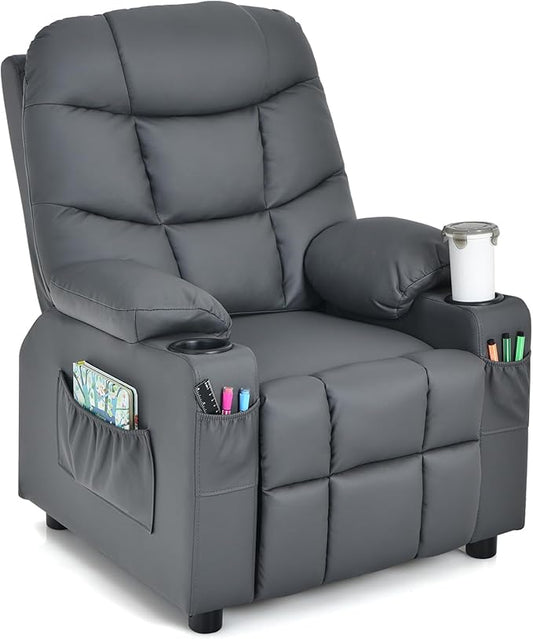 Kids Recliner, Kids Recliner Chair w/ 2 Cup Holders, PU Leather Kids Chairs Compy w/Adjustable Backrest & 3 Pockets, Toddler Furniture Sofa for Boys Girls Aged 3+ (Grey)