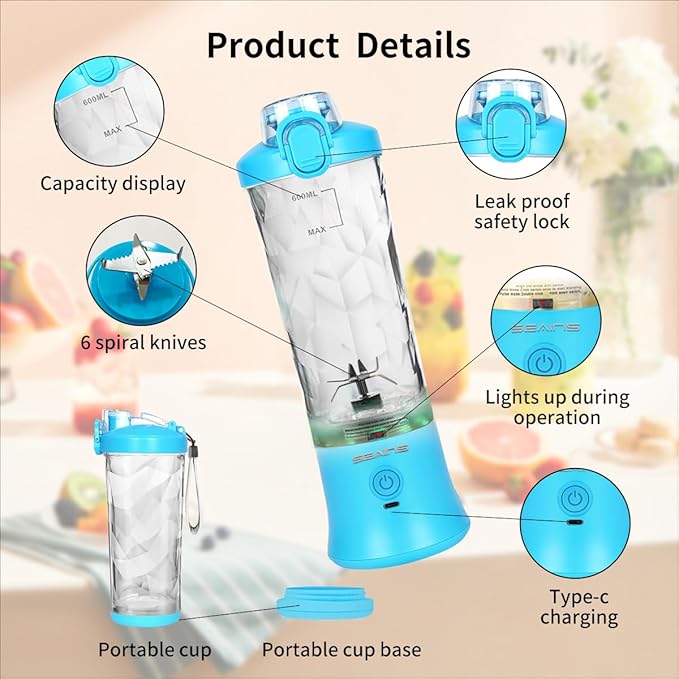 Portable Blender for Shakes and Smoothies With 20 Oz Travel Cup and Lid, Mini Personal Size With 6 Blades and USB Rechargeable for Gym, Kitchen and Outdoors (Blue)