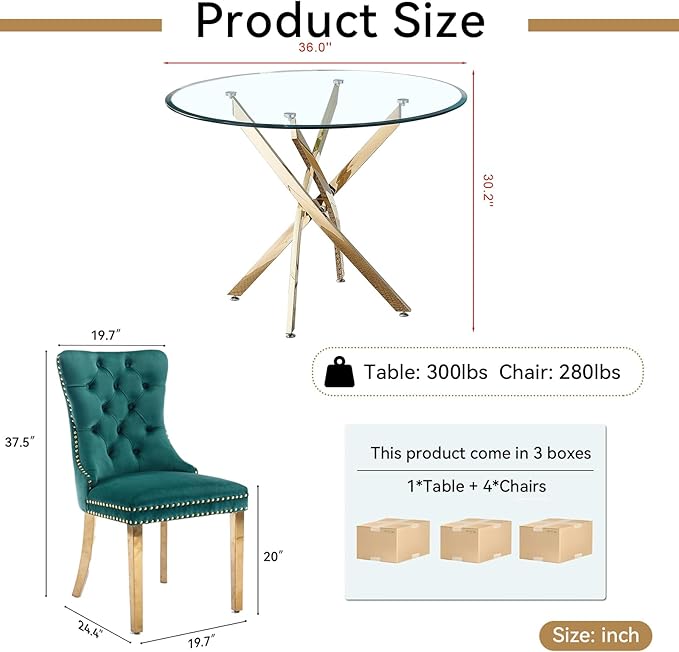 Goujxcy Small Round Dining Table Set for 4, Modern Glass Kitchen Table Chairs Set of 4, 5-Piece Dining Table Set w/36 Circle Gold Glass Dining Room Table and 4 Green Upholstered Dining Chairs