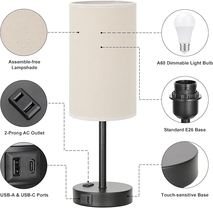 Touch Table Lamp - Beige, 3-Way Dimmable, USB A + C Charging, AC Outlet, 17.4inch Medium, Black Metal Base