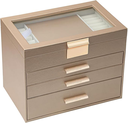 BOOVO Jewelry Boxes for Women, White and Black 4 Layer Large Jewelry Box for Necklace, Bracelet, Earrings, Rings Storage, Jewelry holder Organizer for Girls Gift (Gold, 4 layer)