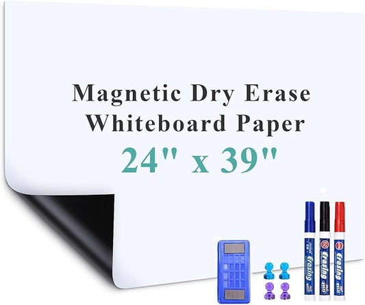 Magnetic Dry Erase Whiteboard Paper, 24" x 39" Self Adhesive Whiteboard for Wall, Easy to Write and Clean Dry Erase Board for Kids, Office, Home, with Marker, Magnetic Eraser and Magnets