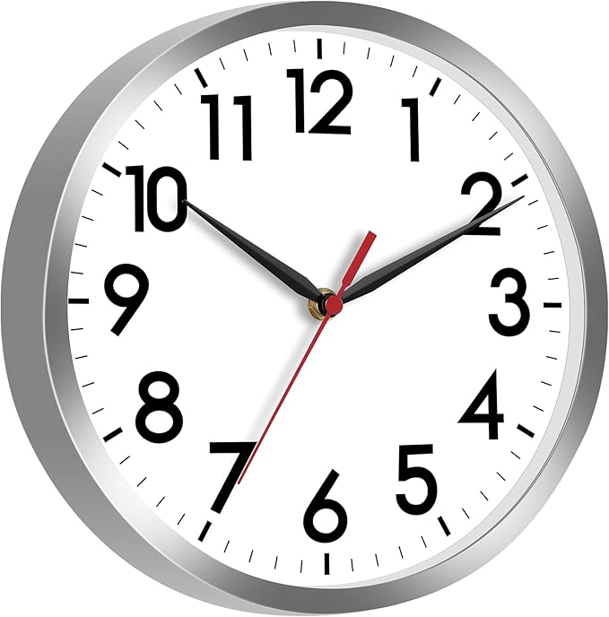 AKCISOT Wall Clock, Modern Small Wall Clocks Battery Operated 8 Inch, Silent Non-Ticking Analog Classic for Office, Home, Bathroom, Kitchen, Bedroom, School(Silver)