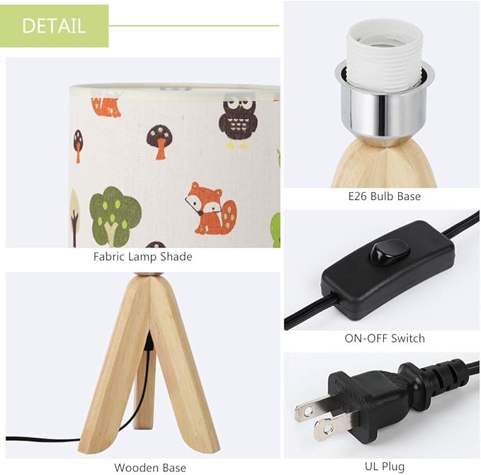 HAITRAL Tripod Table Lamp - Kids Nightstand Lamp with Fabric Cartoon Lampshade for Bedrooms and Living Room