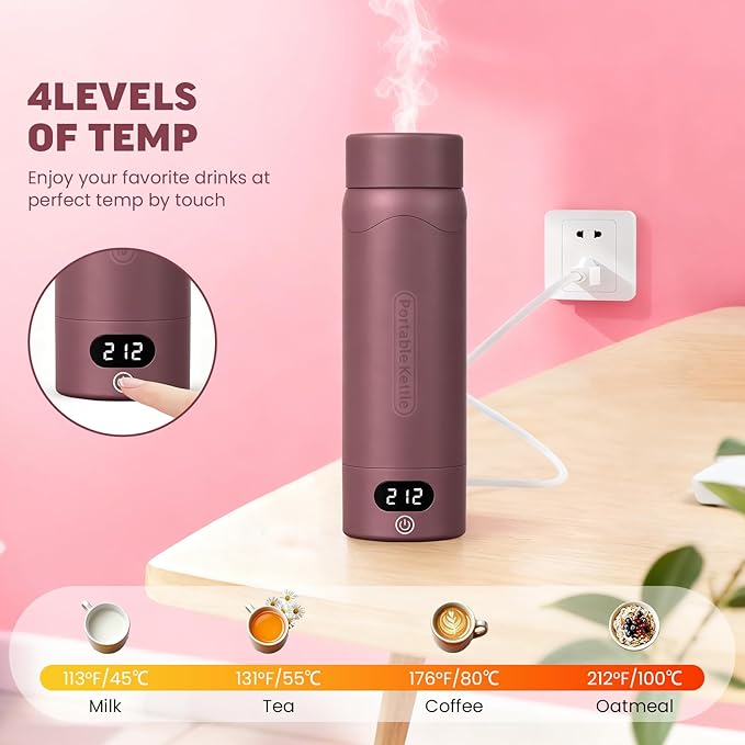 Travel Electric Kettle Portable Mini Kettle, 316 Stainless Steel 16.91Oz/500mL, Small Hot Water Boiler with 4 Temperature,Fast Boiling water with Auto Shut-Off and Boil Dry Protection Cranberry