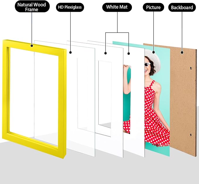 KINLINK 8x10 Picture Frame Yellow, Solid Wood Frames with Acrylic Plexiglass for Pictures 4x6/5x7 with Mat or 8x10 without Mat, Tabletop and Wall Display Photo Frame, Set of 4