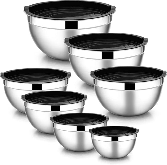 E-far Stainless Steel Mixing Bowls with Airtight Lids, 7-Piece Metal Nesting Bowls with Black Lids for Saving Storage Space, Size 7, 4.6, 3, 2, 1.5, 1, 0.7QT, Great for Baking/Cooking/Prepping