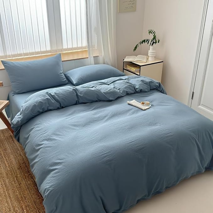 FACE TWO FACE Bedding Duvet Cover Set100% Washed Cotton Duvet Cover Linen Like Textured Breathable Durable Soft Comfy (California King, Deep Gray Blue)