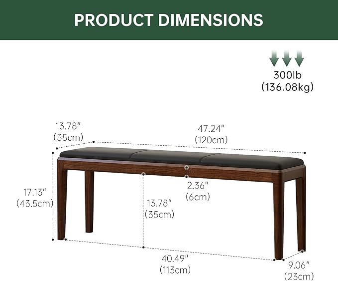 47.2'' Leather Upholstered Dining Bench with 100% Solid Oak Wood Bench Frame, 13.8'' Widened Padded Bed End Bench Ottoman for Kitchen Living Room Bedroom Entryway, Black