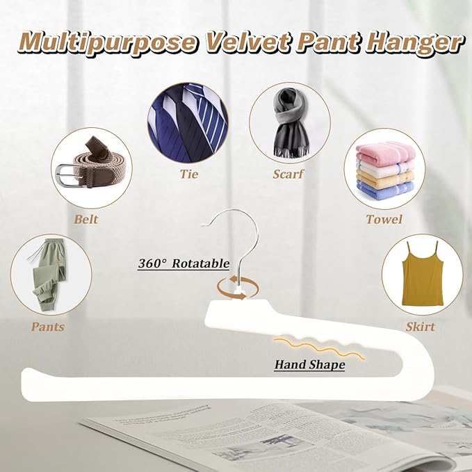 Velvet Pants Hangers,8 Pack Non Slip Felt Slack/Trouser Hanger,Slim & Sleek Heavy Duty Space Saving Closet with 360° Swivel Hook,Tank Top Hangers for Shorts,Jeans,Suit Pants,Towel(White)