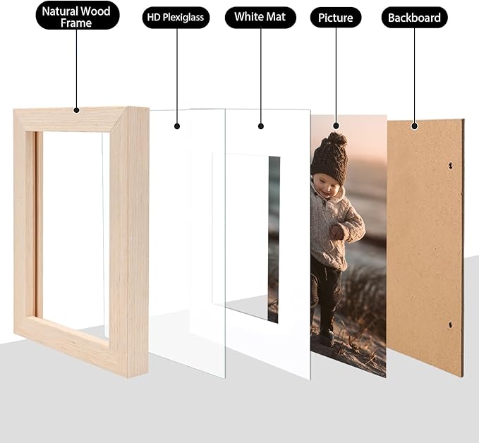 KINLINK 4x6 Picture Frames White Oak, Light Wood Frames with Acrylic Plexiglass for 3.5x5 with Mat or 4x6 without Mat, Tabletop and Wall Mounting Display, Set of 4