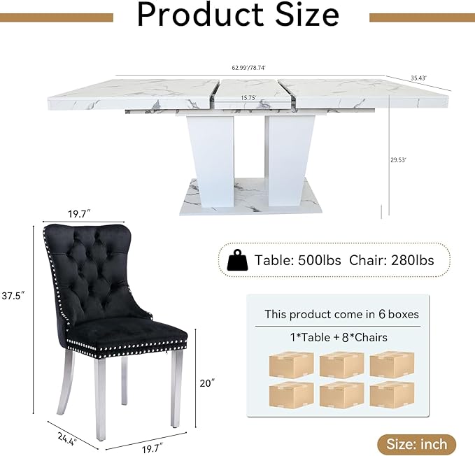 Goujxcy 9-Piece Extendable Dining Table Set for 8, 63-78 Inch Faux Marble Kitchen Table Set with 8 Black Upholstered Chairs Modern Expandable White Marble Dining Room Table Set for Kitchen Apartment