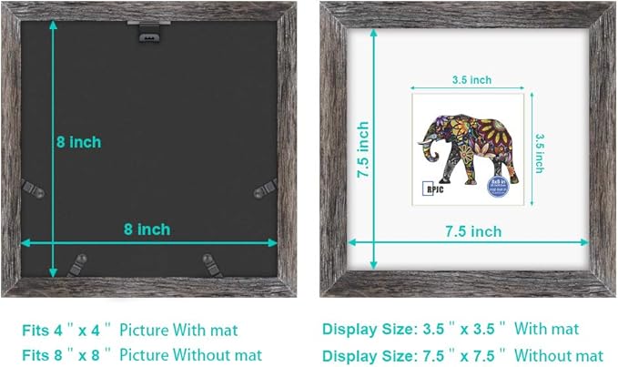 RPJC 8x8 inch Soild Wood Picture Frame with High Definition Glass Display Pictures 4x4 with Mat or 8x8 Without Mat for Wall Mounting Hanging Photo Frame Driftwood Finish