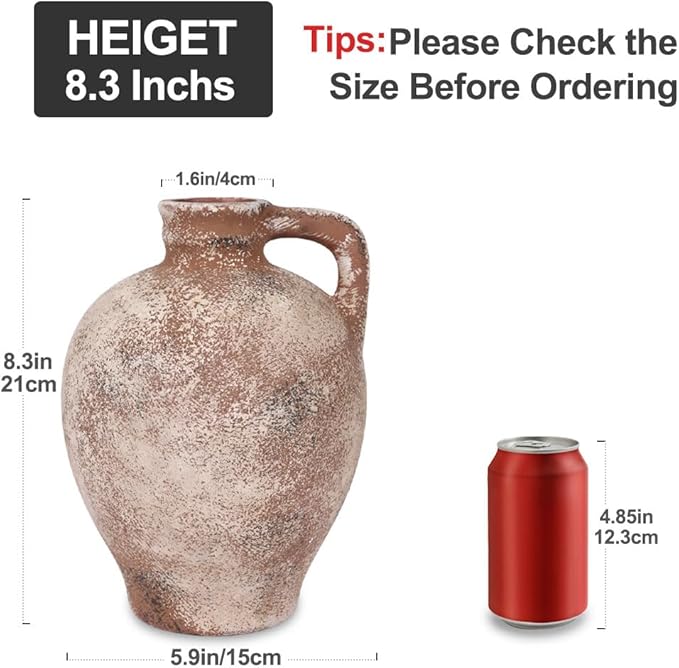 Rustic Farmhouse Ceramic Vase, 8.3" Tall Vintage Pottery Vases, Terracotta Decorative Boho Pampas Flower Vase, Suitable for Home Decor Living Room Entryway Table Bookshelf Mantle Shelf Decor