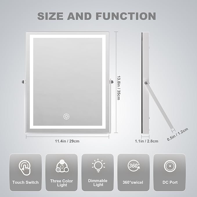 Hasipu Vanity Mirror with Lights, 11.4" x 13.8" LED Makeup Mirror with 10X Magnification, Smart Touch 3 Colors Dimmable, Brightness Adjustment, 360° Rotation, White