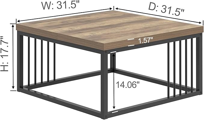 FOLUBAN Coffee Table, Modern Square Center Table for Living Room, Industrial Rustic Wood and Metal Cocktail Tea Table, 31.5 Inch, Oak