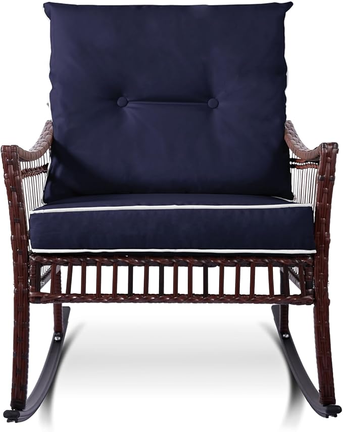 3 Pieces Patio Furniture Set, Outdoor Rocking Chairs Set of 2, Wicker Cushioned Patio Rocker with Side Table for Porch, Garden, Poolside & Deck, Blue