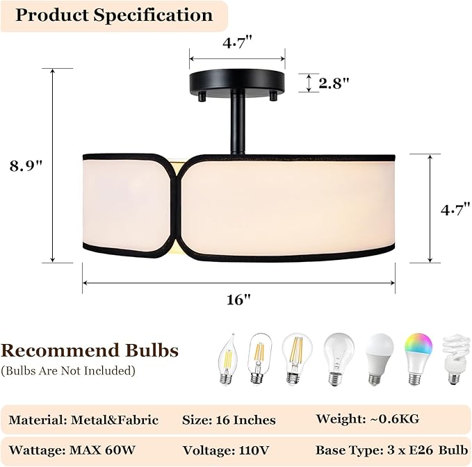 16" Semi Flush Mount Ceiling Light - 3 Lights Drum Light Fixture with Black Border White Fabric Shade, Farmhouse Close to Ceiling Light for Bedroom Living Dining Room Foyer and Hallway