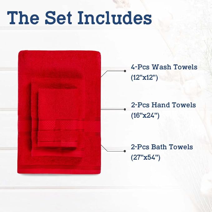Casa Lino Bath Towel Set of 8 (2 Bath Towels, 4 Wash Cloths & 2 Hand Towels for Bathroom) - 100% Cotton - Highly Absorbent & Quick Dry - Guest Room Essentials for Bathroom Set - (Red)