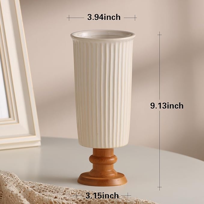 hjn White Cermaic Vase for Flowers Decor Vase with Wooden Base for Your Home Decor/Table/Kitchen/Office/Living Room-White (French Vertical Pattern)