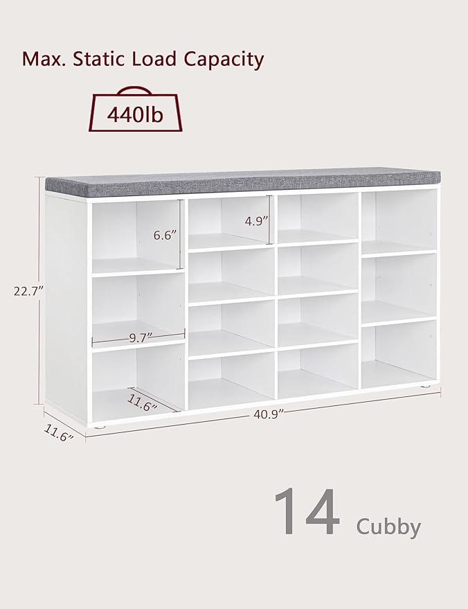 DINZI LVJ Shoe Storage Bench with Cushion, 14-Cubby Shoe Rack, Adjustable Shelves, Multifunctional Shoe Organizer Bench for Entryway, Mudroom, Hallway, Living Room, Bedroom and Garage, White