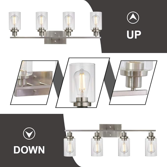 MELUCEE Bathroom Light Fixtures Brushed Nickel 4 Heads Modern Vanity Lights Wall Sconce with Clear Glass Shade for Hallway Kitchen Bedroom Living Room (Patent No.: US D963914 S)