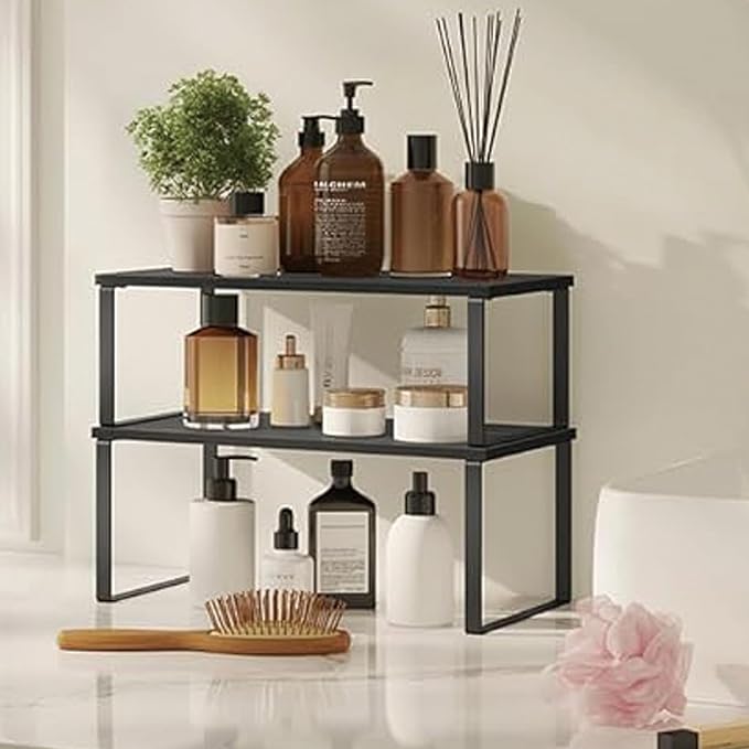 Cabinet Organizer Shelf, Kitchen Counter Storage, 2-Piece Set, Stackable Spice Rack, Metal and Wood (Black and Charcoal Black)