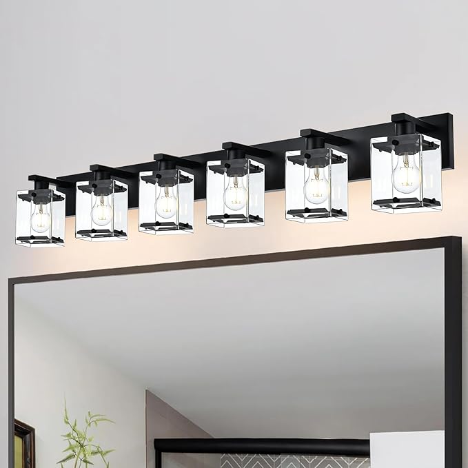6-Light Bathroom Light Fixture Black Finish, Modern Vanity Lighting with Rectangular Clear Glass for Over Mirror Kitchen E26 Bulb Base